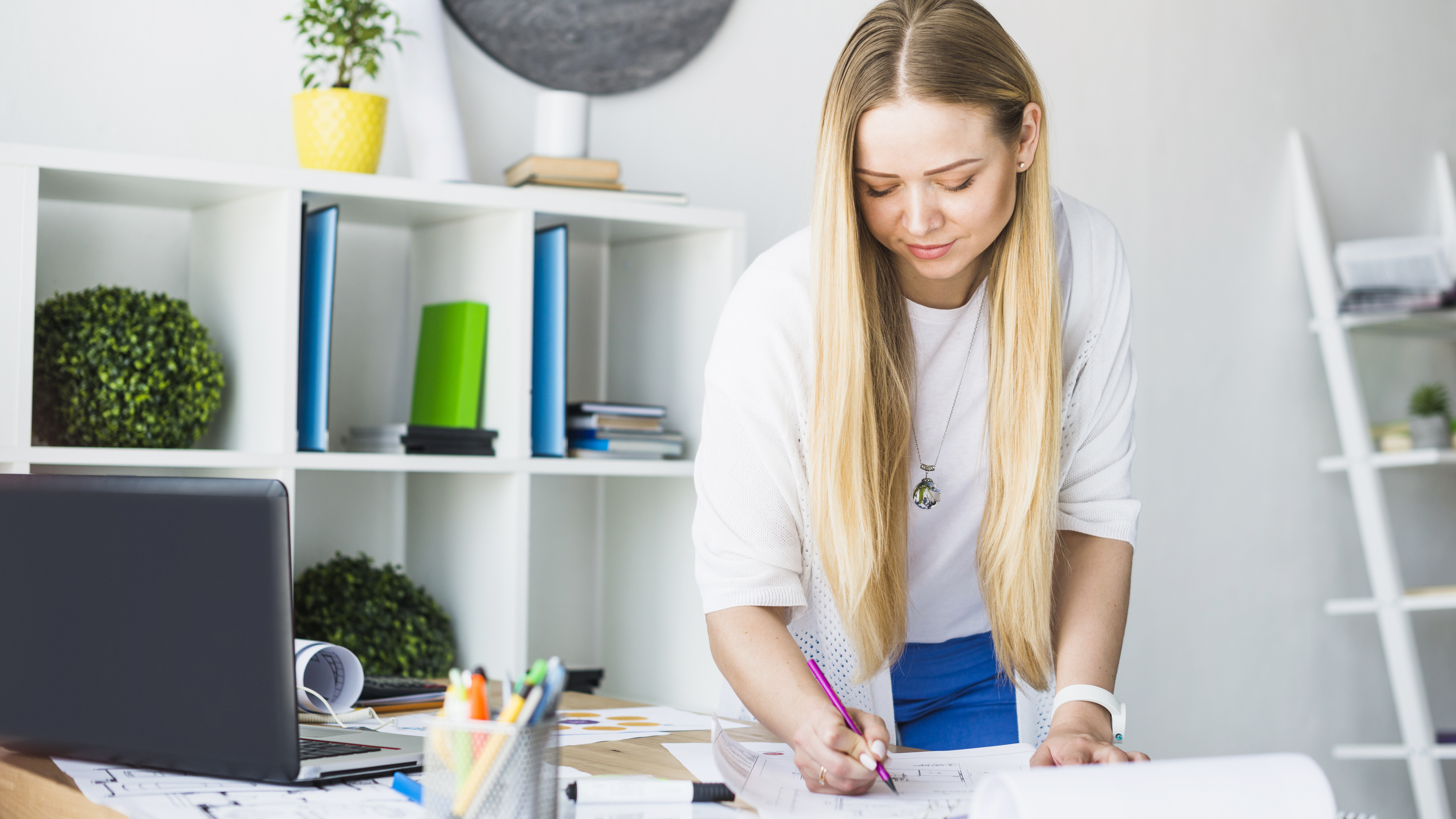 Female Architect Drawing Blueprint Workplace